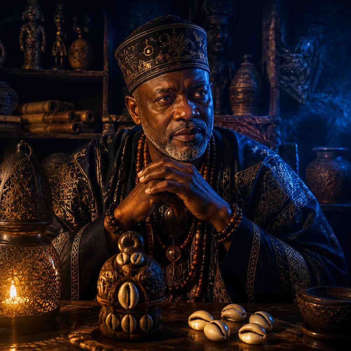 Chief Ssingo powerful protection spells An authentic African traditional healer inside a private midnight blue sanctuary executing lineage protection spells with absolute discretion.