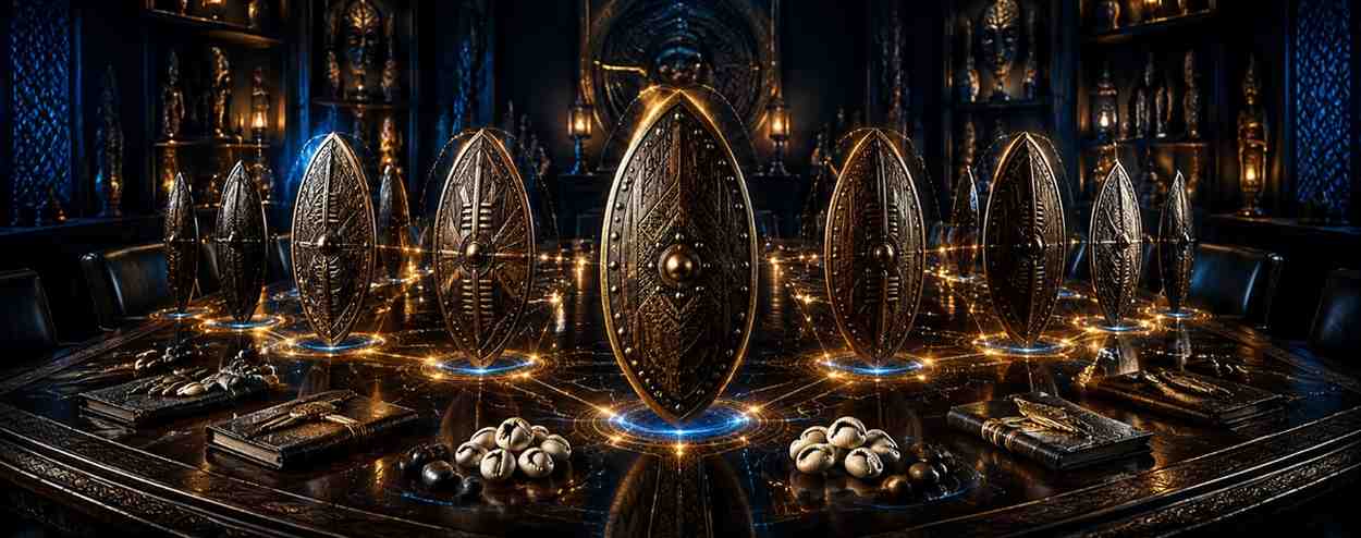 Protection Spells4 A row of traditional African warrior shields on a dark midnight blue background representing powerful protection spells for securing multi-generational corporate wealth.